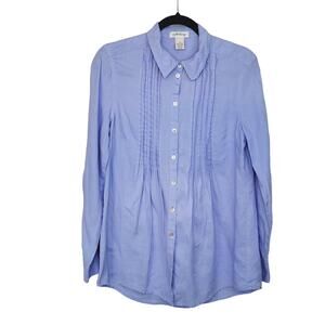 Orvis 100% Linen Pleated Boho Shell Button Up Long Sleeve Tab Blue Shirt Size 8